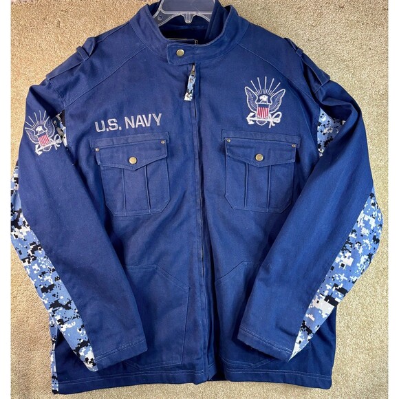 U.S. Services Valiant K & S Unique NAVY Denim Embroidered Bomber Jacket Large - Picture 1 of 9